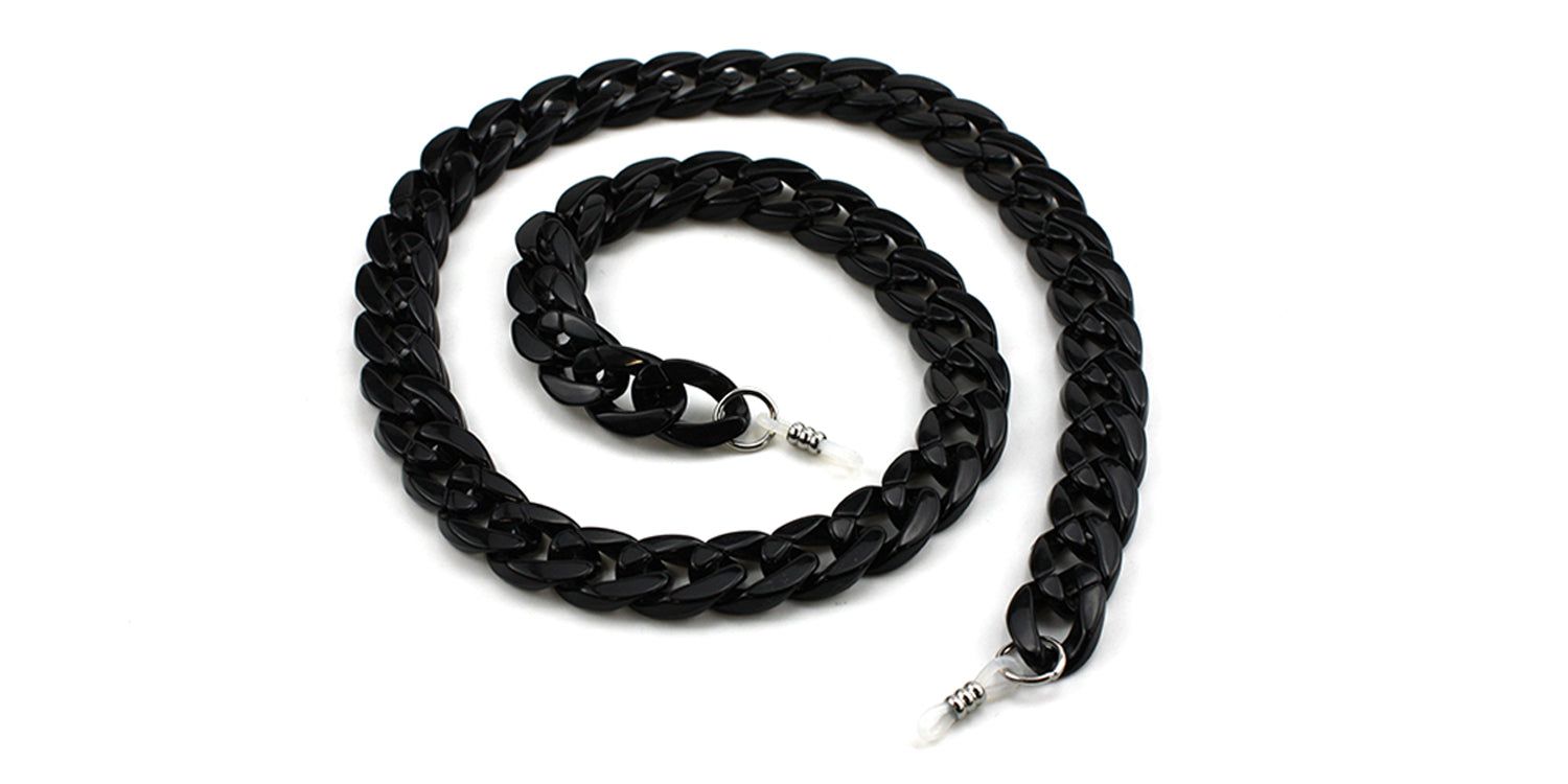 Schwarze Brillenkette mit Gliedern. Enden mit Schlaufen zur Befestigung an Brillen. Auf weißem Hintergrund.
