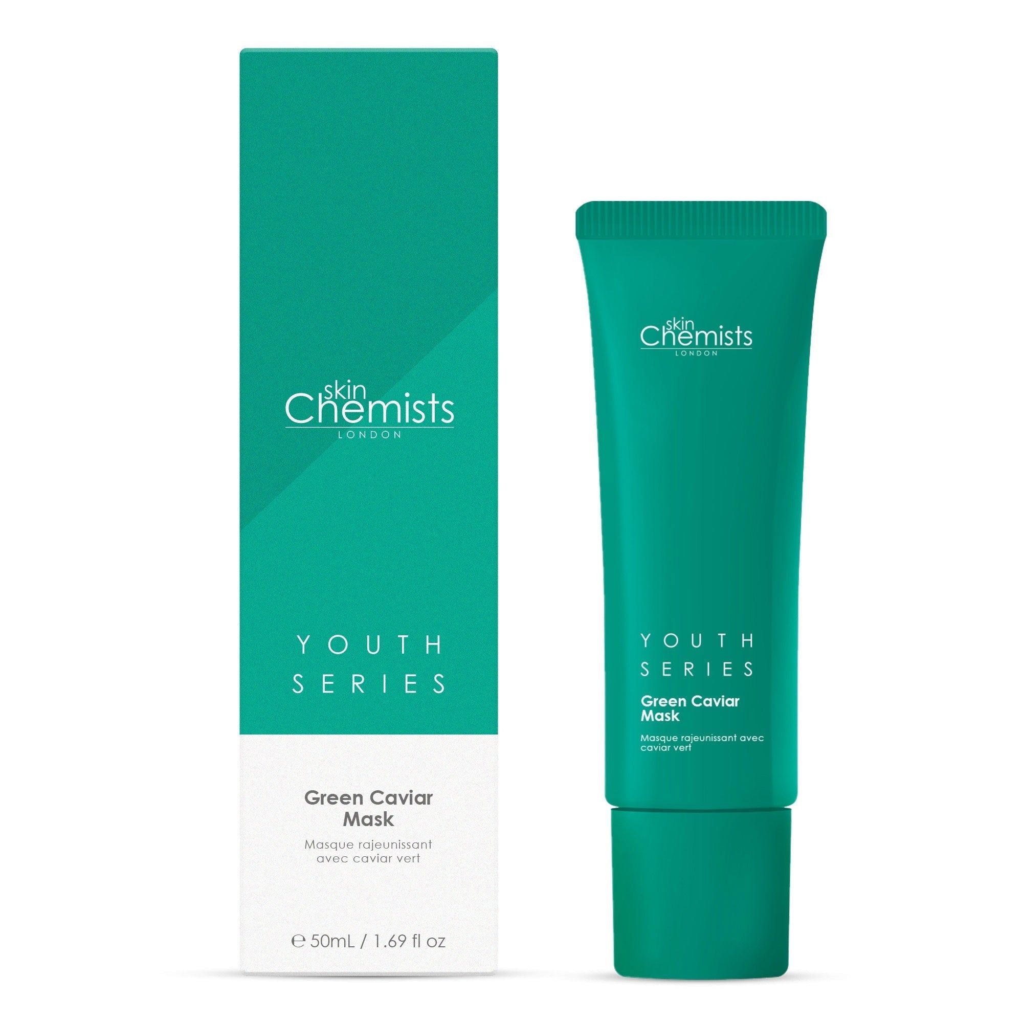 Verpackung mit Tube. Aufschrift "skinChemists", "Youth Series Green Caviar Mask".