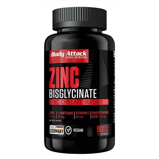 Schwarze Flasche mit rotem Etikett. Beschriftung: Zink Bisglycinat, Vegan, 90 Portionen. Marke: Body Attack.