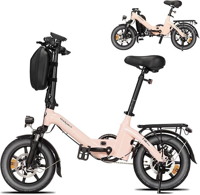 Rosa faltbares E-Bike, schwarze Reifen und Sattel. Gepäckträger. Aufschrift T16 Pro. Zweites, kleineres Bild oben rechts.