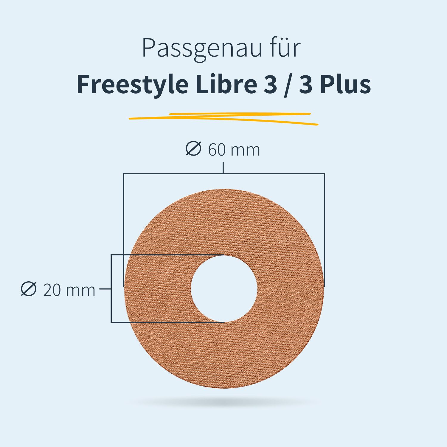 Rundes, beiges Pflaster mit Loch. Durchmesser 60 mm, Loch 20 mm. Text: Passgenau für Freestyle Libre 3/3 Plus.