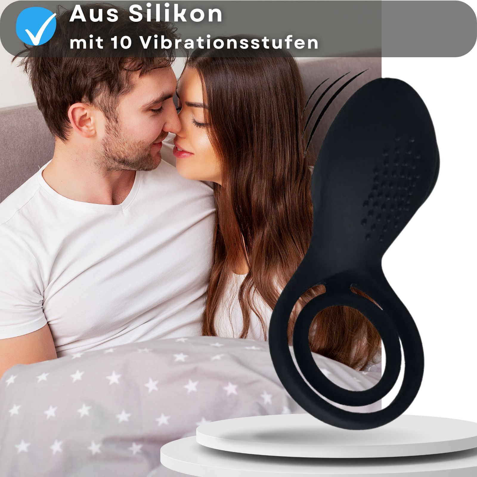 Schwarzer Penisring mit Vibration. Text: Aus Silikon mit 10 Vibrationsstufen.