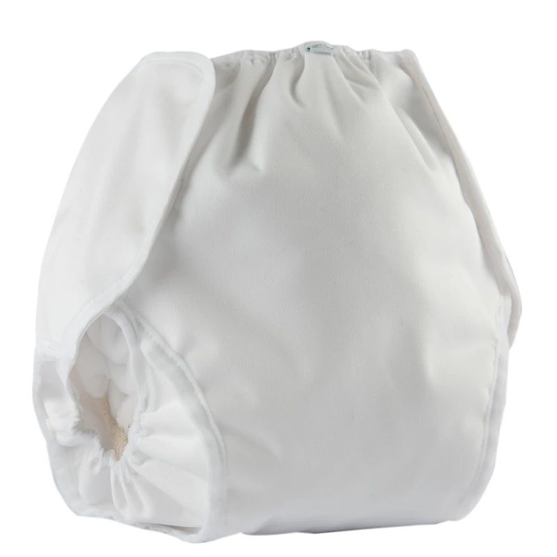 Weiße Inkontinenzwindel. Elastische Beinbündchen und Bund. Aus Stoff. XL-Größe.