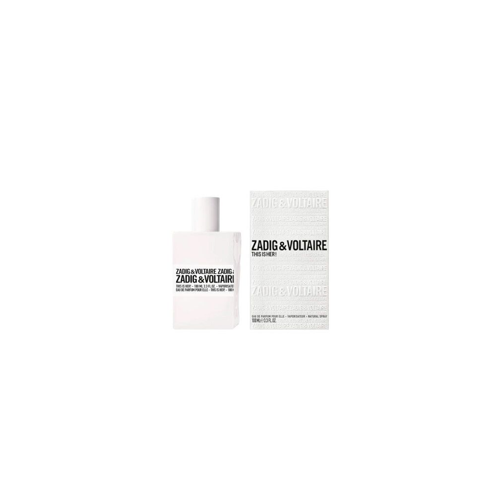 Weißer Flakon und Verpackung mit schwarzer Schrift. Aufschrift: ZADIG & VOLTAIRE THIS IS HER! Eau de Parfum.