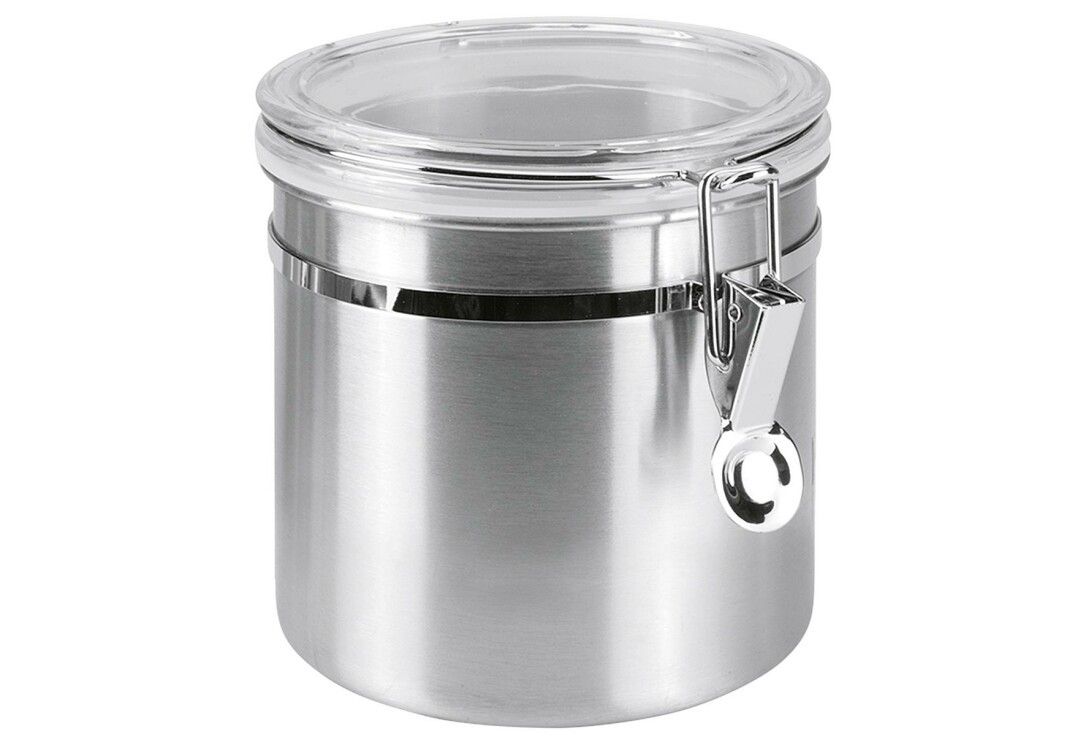 Zylindrischer Behälter aus Edelstahl mit transparentem Deckel und Verschluss. Glänzende Oberfläche.