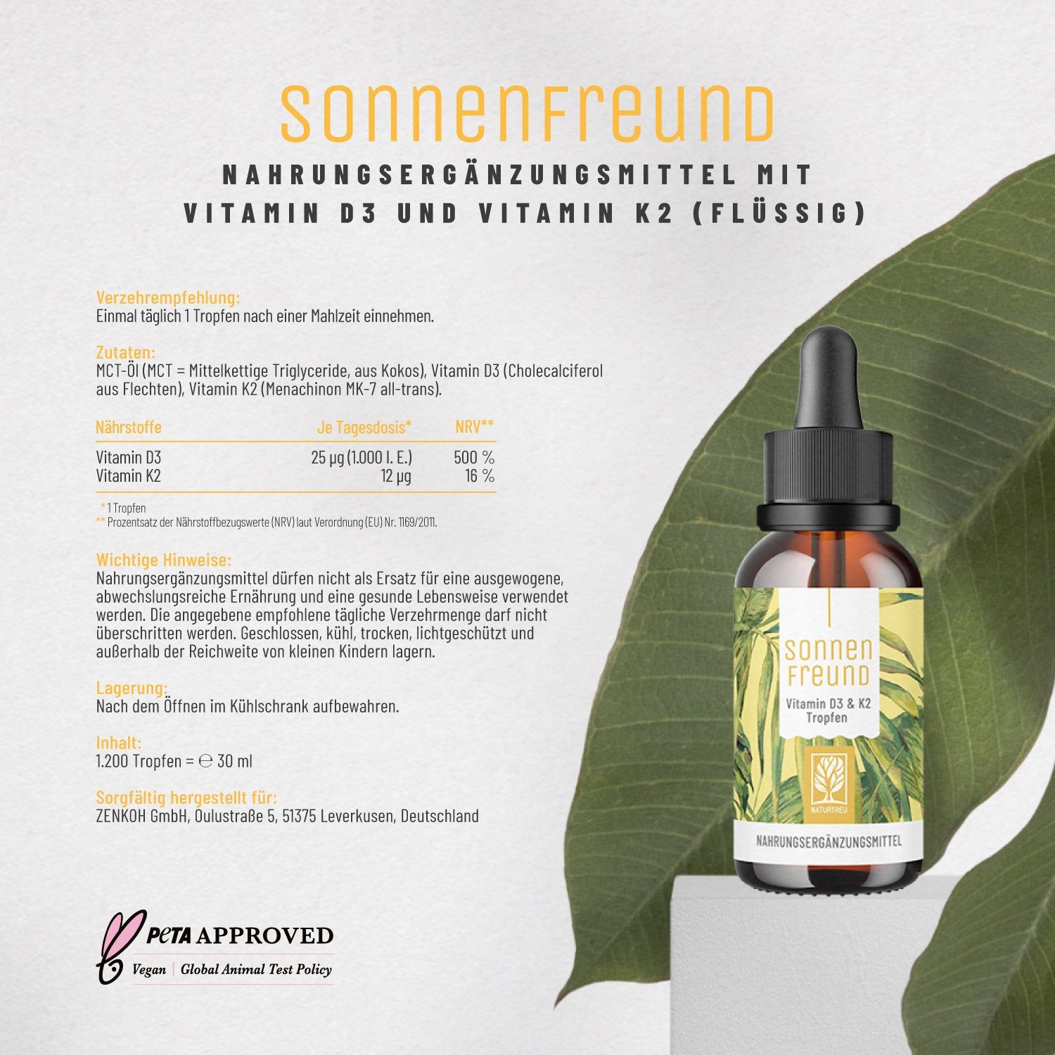 Produktinformationen zu SONNENFREUND. Vitamin D3 und K2. Inhaltsstoffe, Dosierung, Hinweise. Braune Tropfflasche.