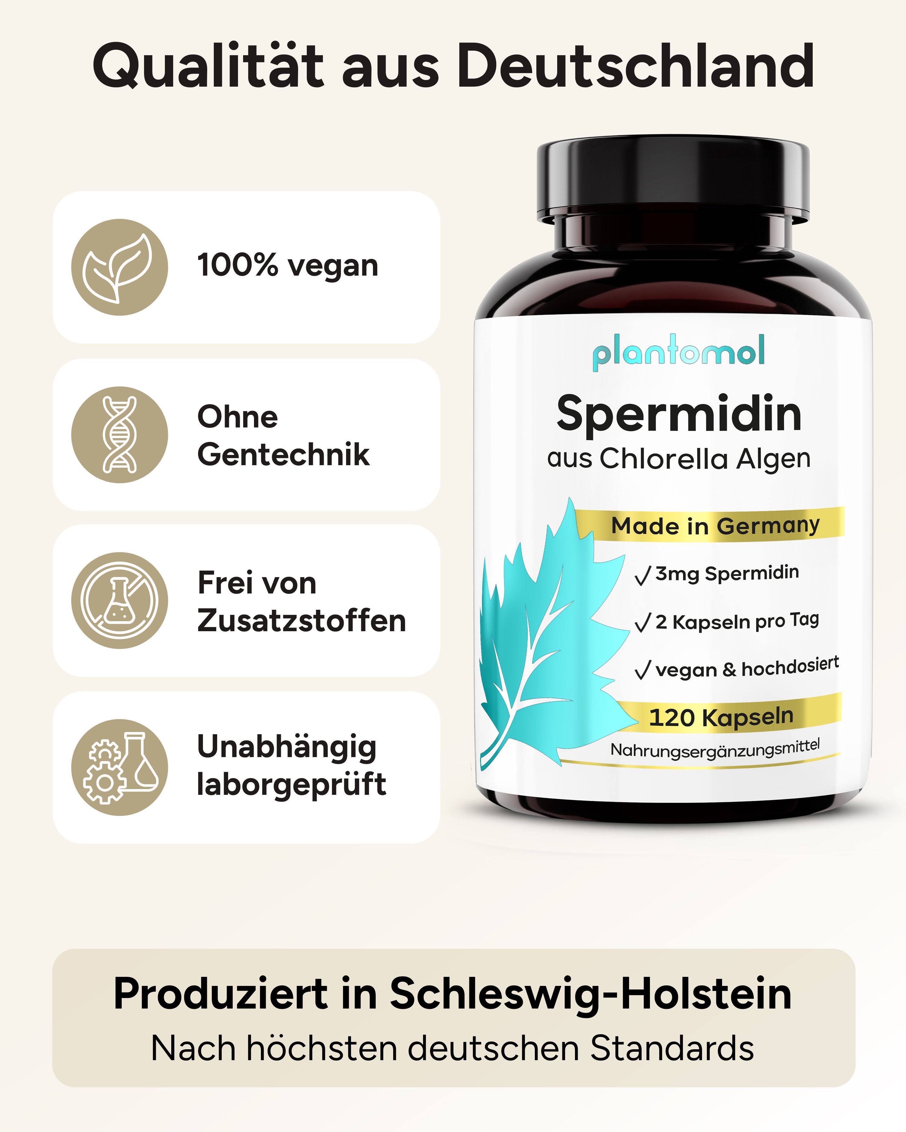 Produktflasche mit Etikett. Text: plantomol Spermidin aus Chlorella Algen, 120 Kapseln, vegan & hochdosiert, Made in Germany.