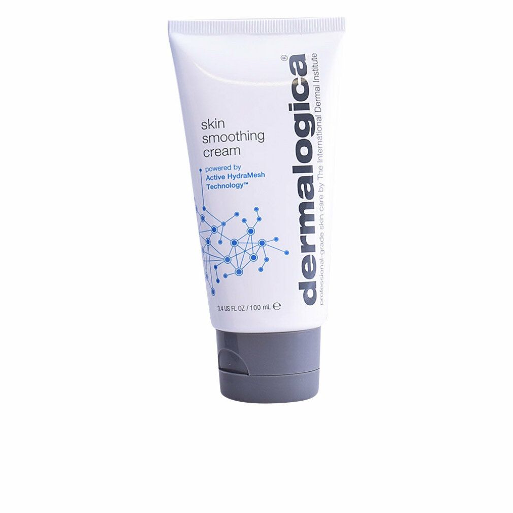 Weiße Tube mit grauer Kappe. Aufschrift: skin smoothing cream, Dermalogica Logo, 3.4 US FL OZ / 100 ml.