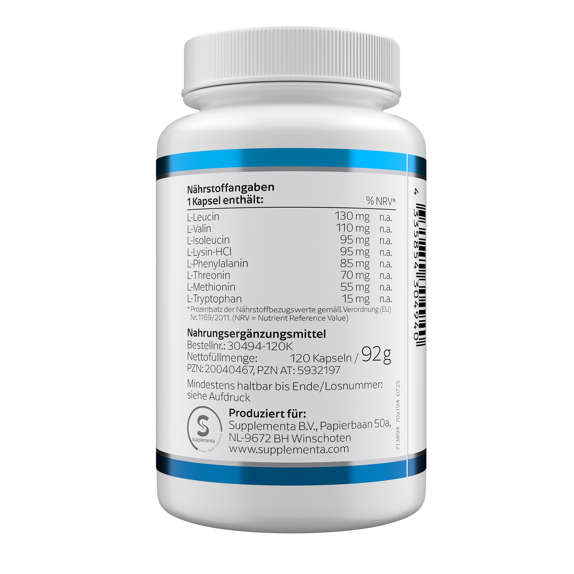 Rückseite der weißen Flasche. Auflistung der Inhaltsstoffe pro Kapsel. Nährwertangaben. Herstellerinformationen.
