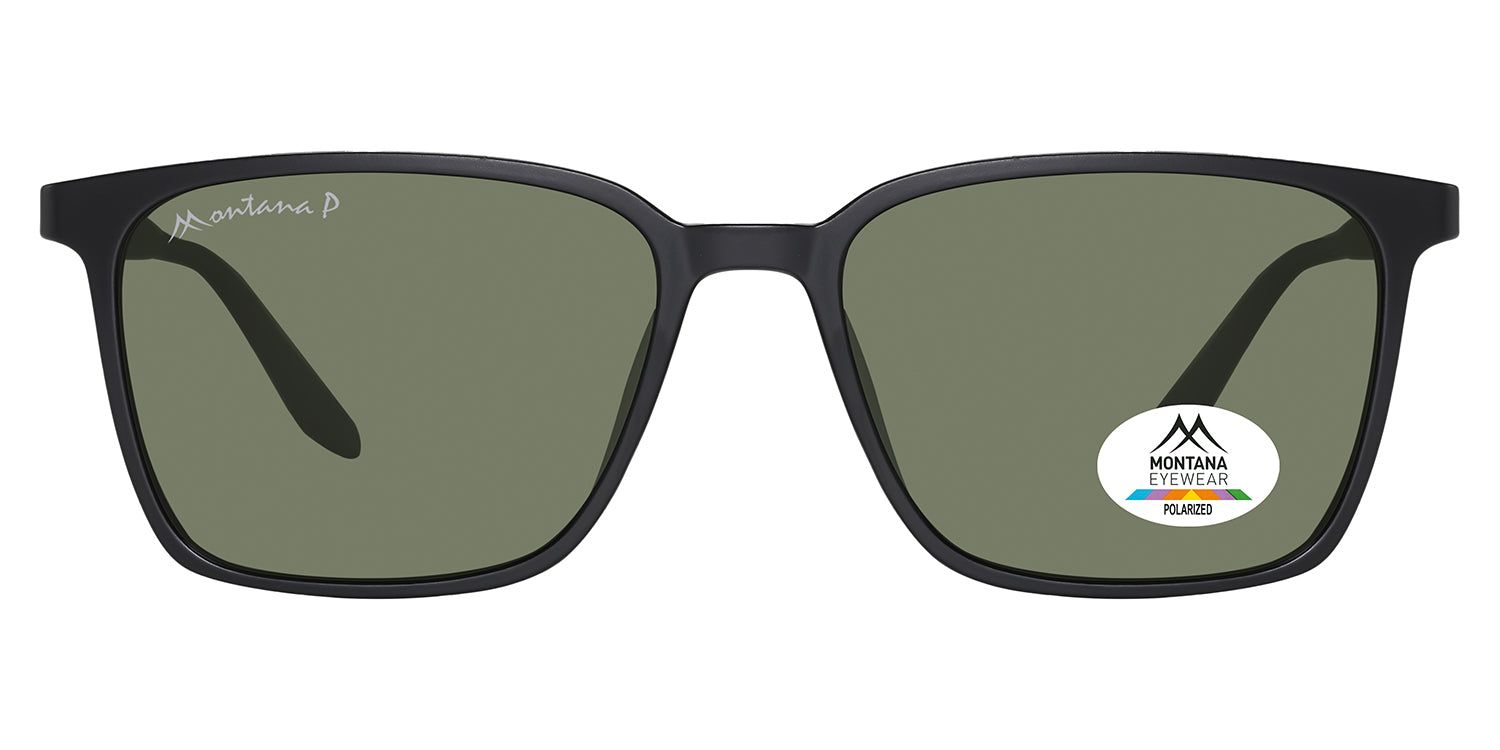 Schwarze Sonnenbrille mit rechteckigen Gläsern. Montana Eyewear Logo auf dem Bügel. Polarisiert-Aufkleber auf dem rechten Glas.