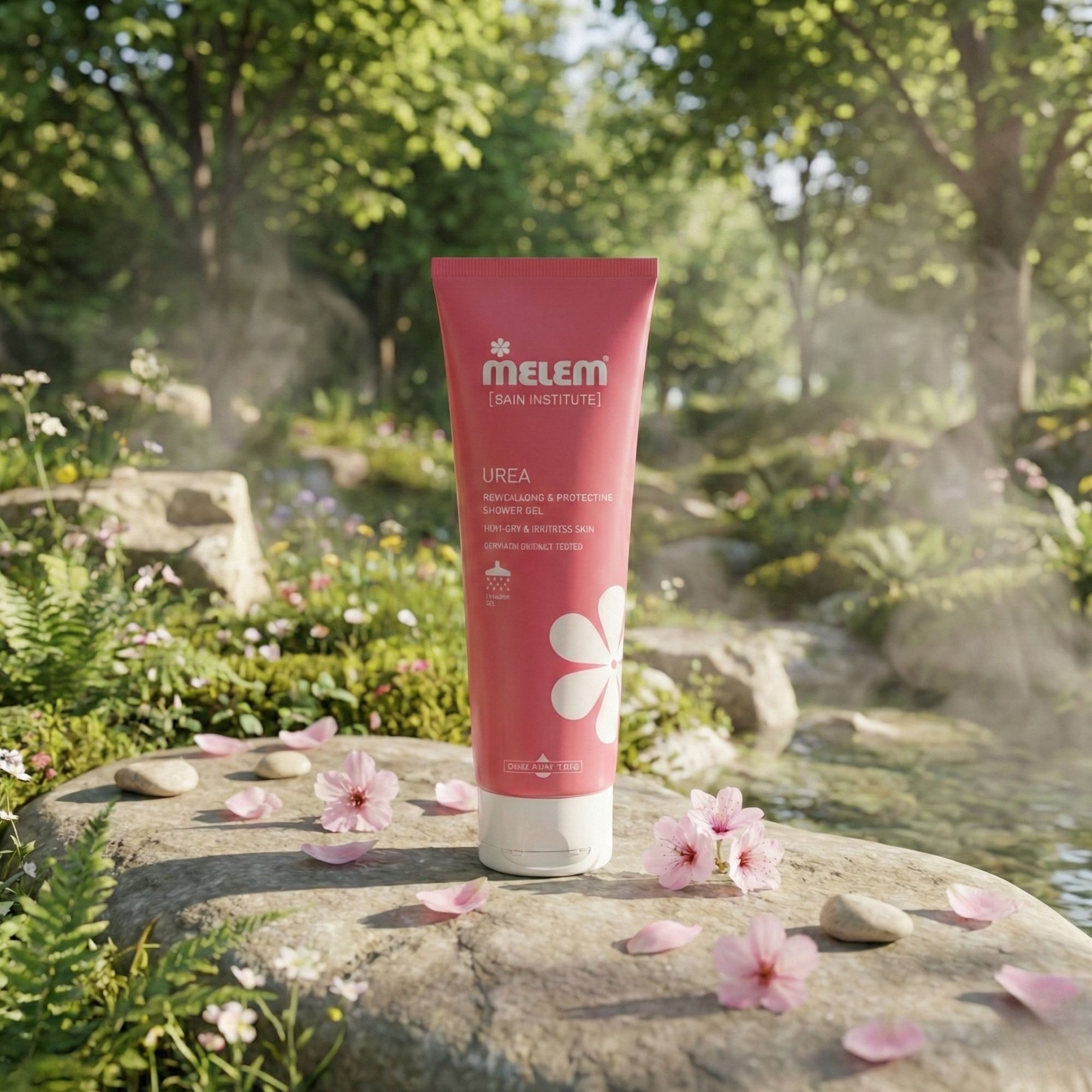 Rosa Tube mit weißem Deckel. Aufschrift: Melem, Urea. Blüte-Dekor. Auf einem Stein vor einem Bach und Bäumen platziert.