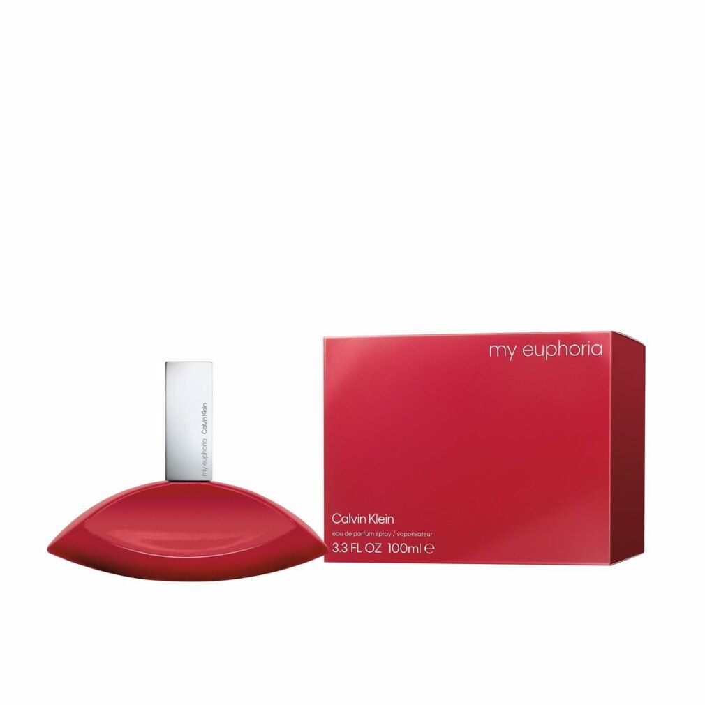 Roter Flakon und Verpackung. Aufschrift: my euphoria, Calvin Klein, 3.3 FL OZ 100ml e.
