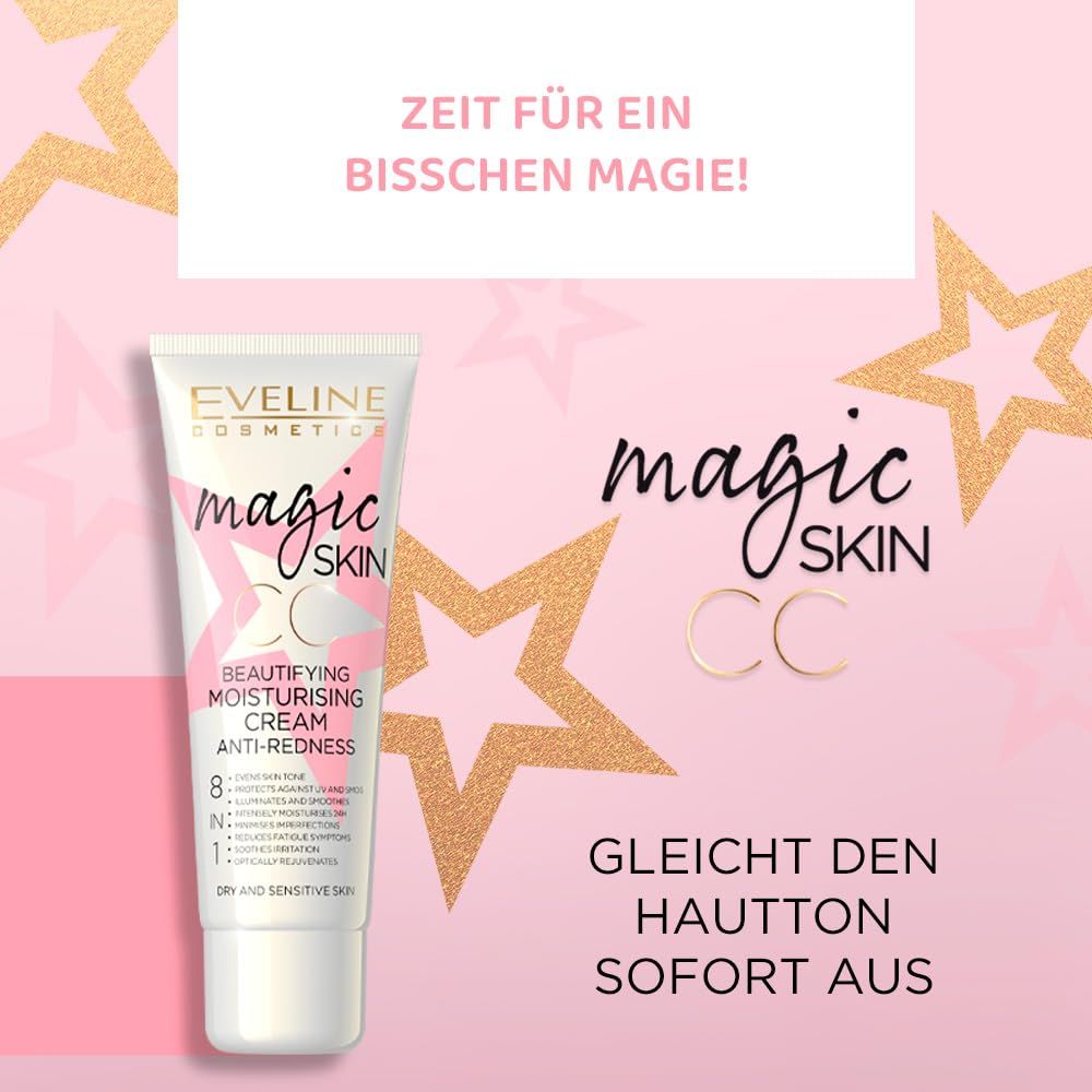 Creme-Tube mit Schriftzug 'magic skin CC' und 'Eveline Cosmetics'. Rosa und goldfarbene Sterne im Hintergrund.