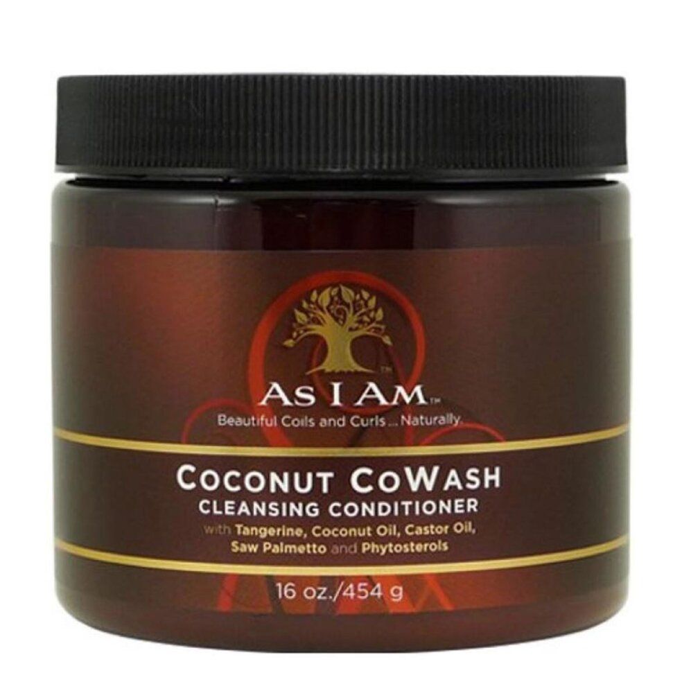 Braune Dose mit schwarzem Deckel. Aufschrift: As I Am Coconut CoWash Cleansing Conditioner. 16 oz./454 g.