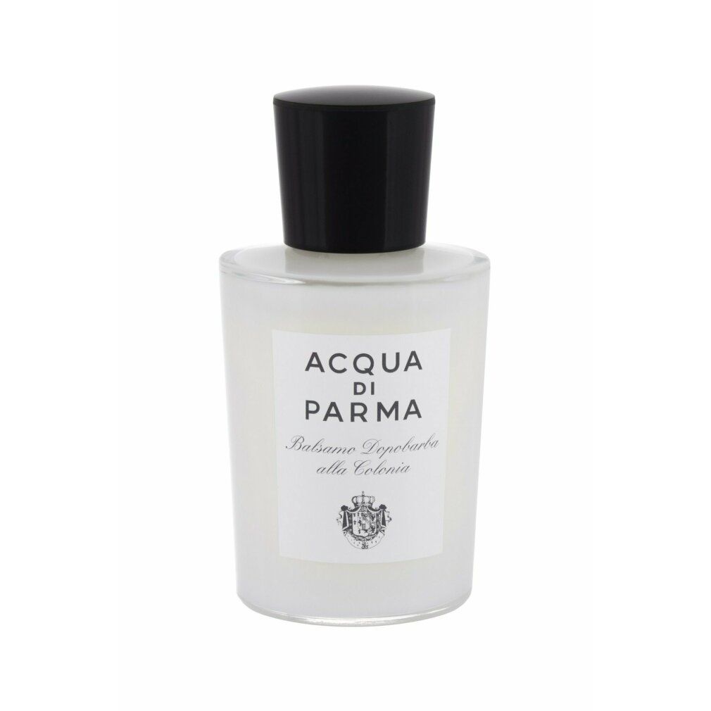 Flakon mit schwarzem Deckel. Aufschrift: Acqua Di Parma, Balsamo Dopobarba alla Colonia. Weißes Etikett.