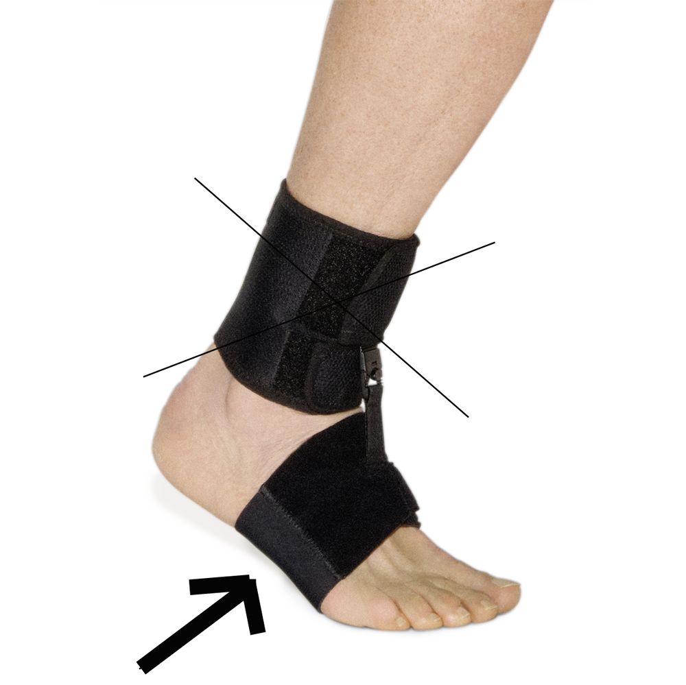 Schwarze Fußheberorthese mit Klettverschlüssen und Riemen für den Knöchel und Fußrücken.