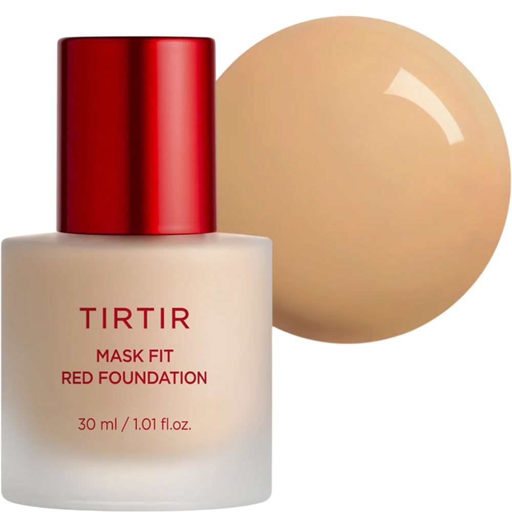 TIRTIR Mask Fit Red Foundation Flasche mit rotem Deckel. Daneben Farbmuster. Aufschrift: 30 ml / 1.01 fl.oz.