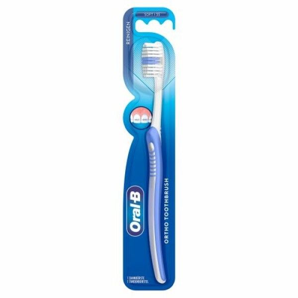 Zahnbürste mit blauem Griff und weißem Bürstenkopf. Verpackung mit Oral-B Logo und Produktbezeichnung.