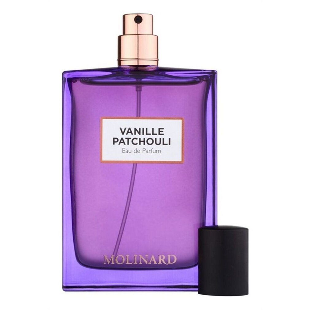 Violettfarbener Flakon mit abgenommenem schwarzem Verschluss. Aufschrift: Vanille Patchouli Eau de Parfum. Marke: Molinard.