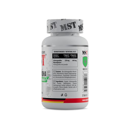 Rückseite einer weißen Flasche mit MST-Logo und Ashwagandha-Aufschrift. Enthält Nährwertangaben und Zutatenliste.