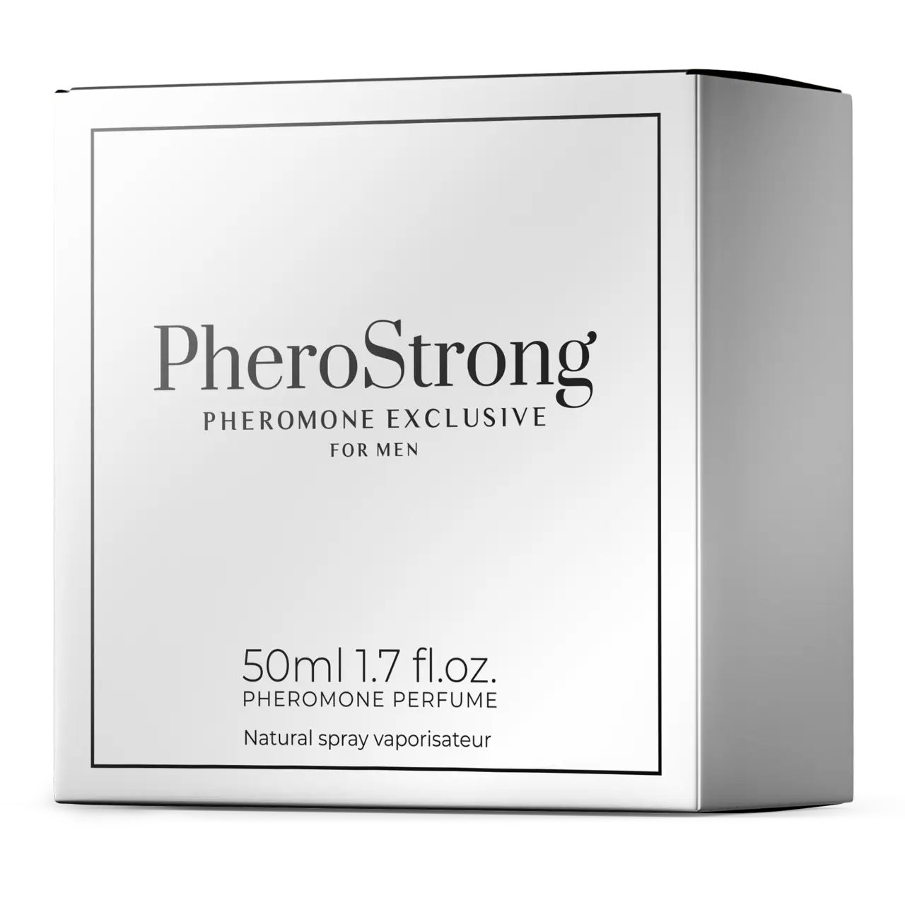 Weiße Produktverpackung. Aufschrift: PheroStrong, Pheromone Exclusive für Männer, 50ml 1.7 fl.oz.