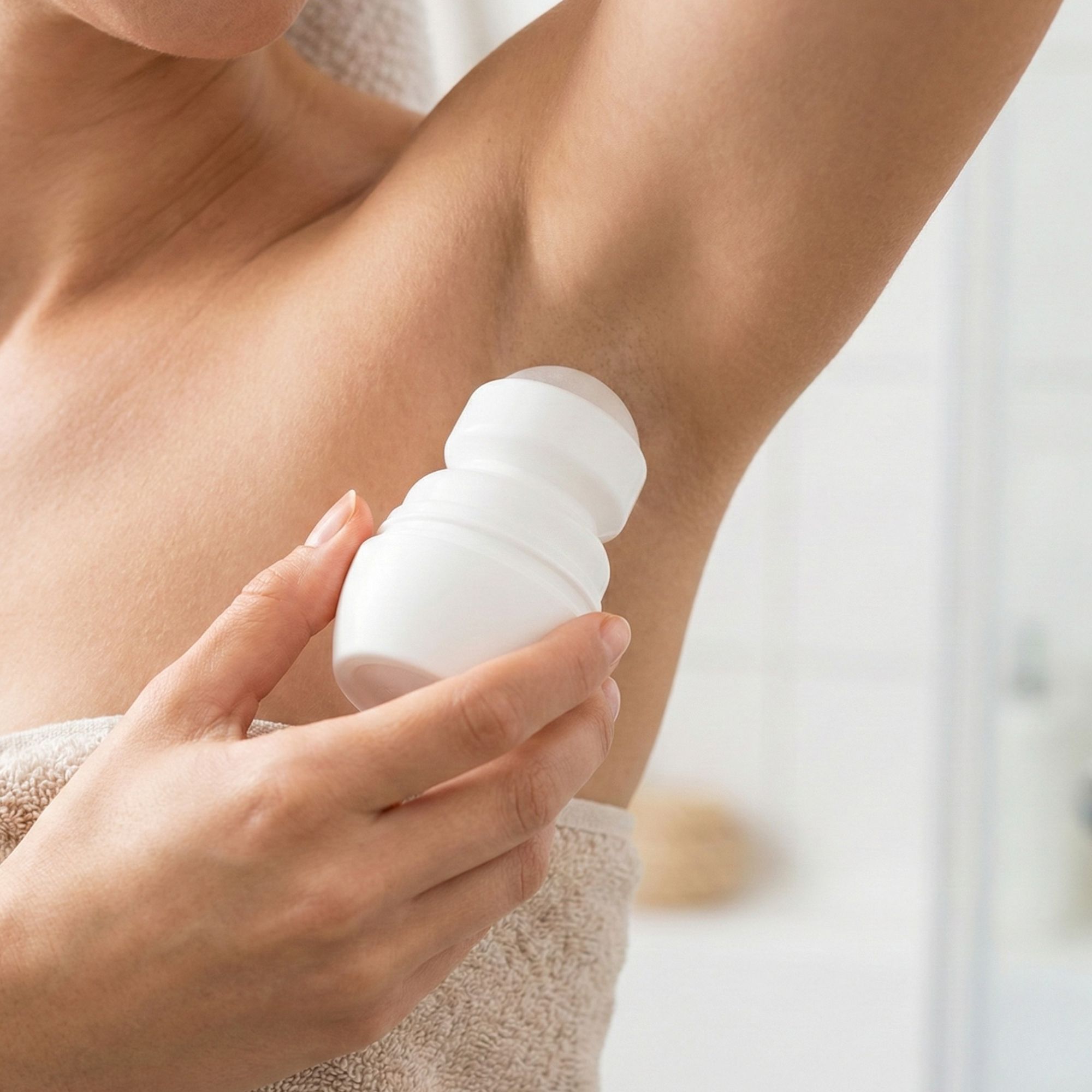 Person hält weißen Deo Roll-on. Arm in Nahaufnahme, Achselbereich sichtbar. Im Hintergrund eine helle Wand.