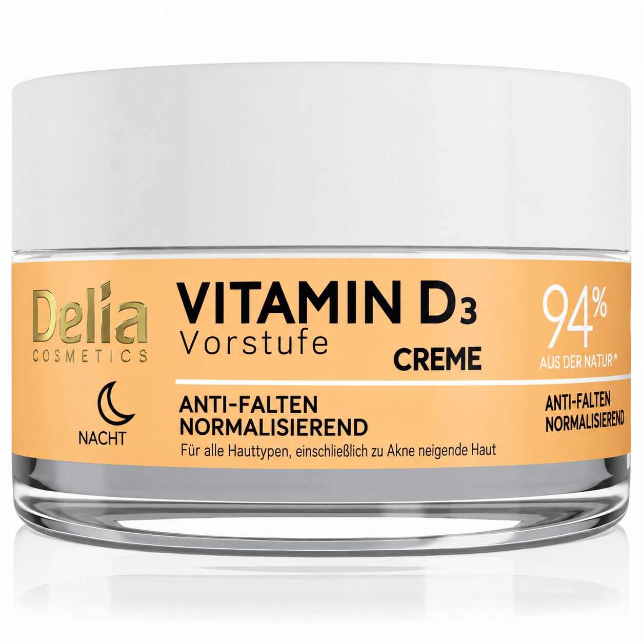 Tiegel mit Delia Cosmetics Vitamin D3 Creme, 50 ml, für Nacht und Anti-Falten.