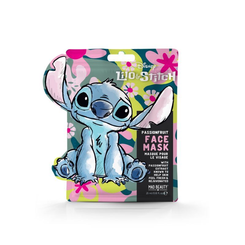 Gesichtsmaske mit Stitch-Illustration. Verpackung mit floralem Muster und Produktbezeichnung. Enthält Passionsfrucht-Extrakt.