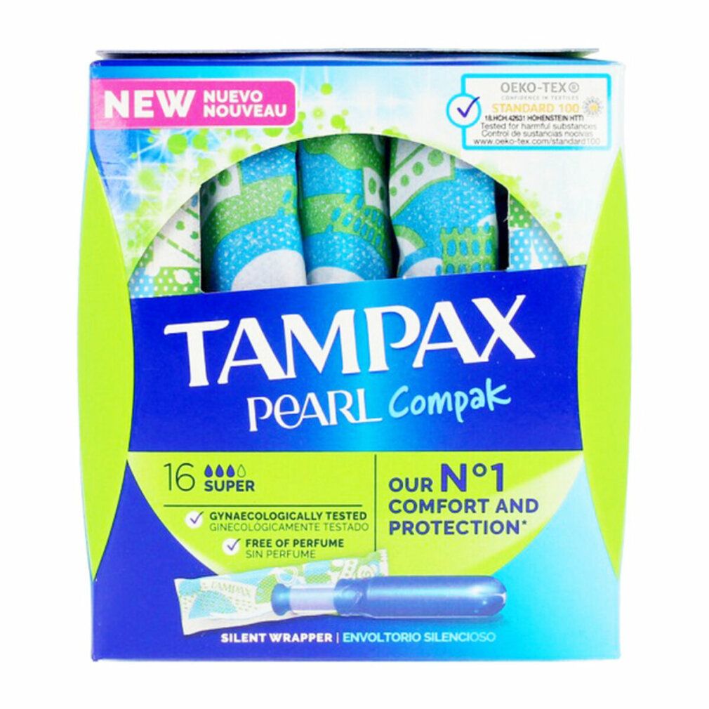 Verpackung von Tampax Pearl Compak. Enthält 16 Super Tampons. Mit OEKO-TEX-Zertifizierung. Gynekologisch getestet, parfümfrei.