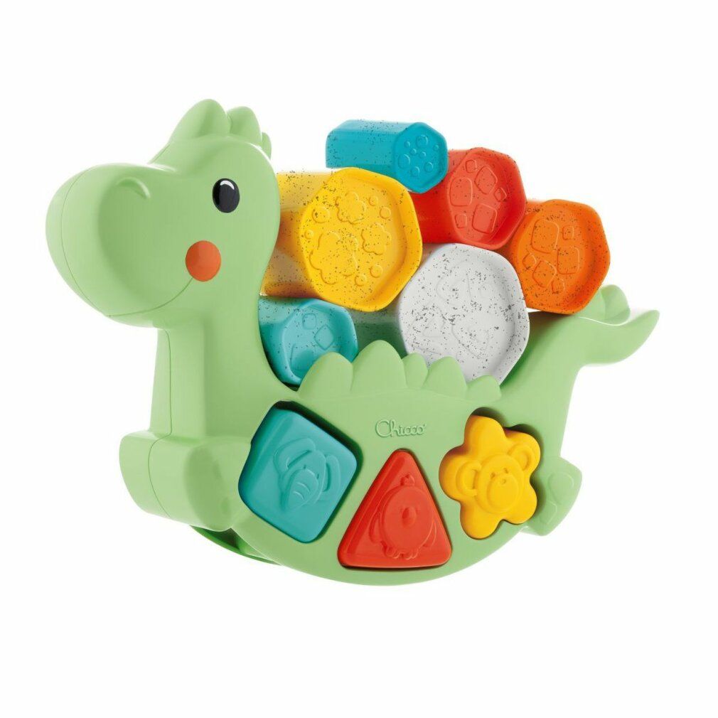 Grüner Dino mit bunten Formen zum Einsetzen. Verschiedene Formen und Farben. Spielzeug für Kleinkinder.