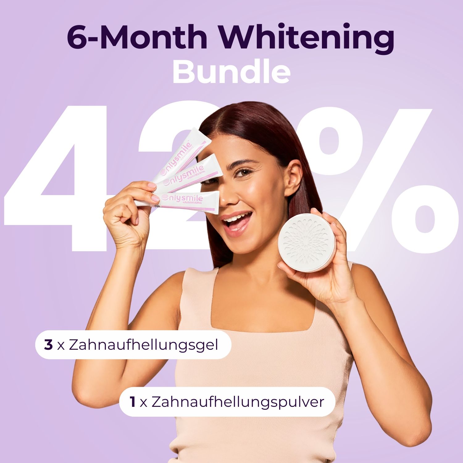Frau hält Zahnpulver und Gel. Text: 6-Monats-Whitening-Bundle. 42% Rabatt. 3 Gel-Sticks, 1 Pulver. NurSmile.