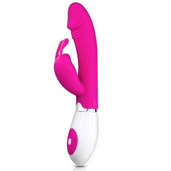 Rosa-weißer Vibrator. Mit gebogener Form, einem Kopf und einem seitlichen Element. Auf weißem Hintergrund.