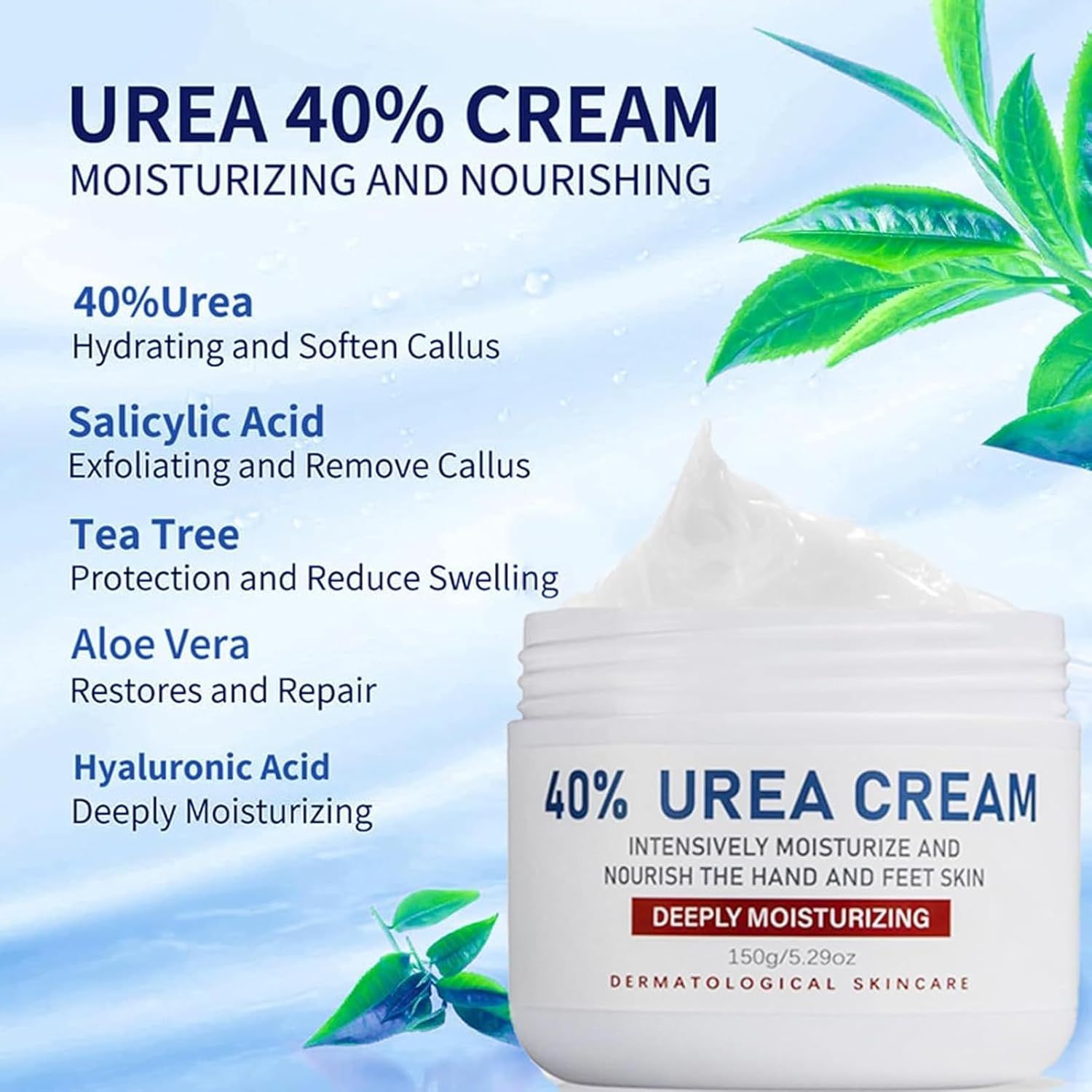 Creme-Dose mit Text: 40% UREA CREAM. Inhaltsstoffe: 40% Urea, Salicylsäure, Teebaum, Aloe Vera, Hyaluronsäure. Aufschrift: Dermatologische Hautpflege.
