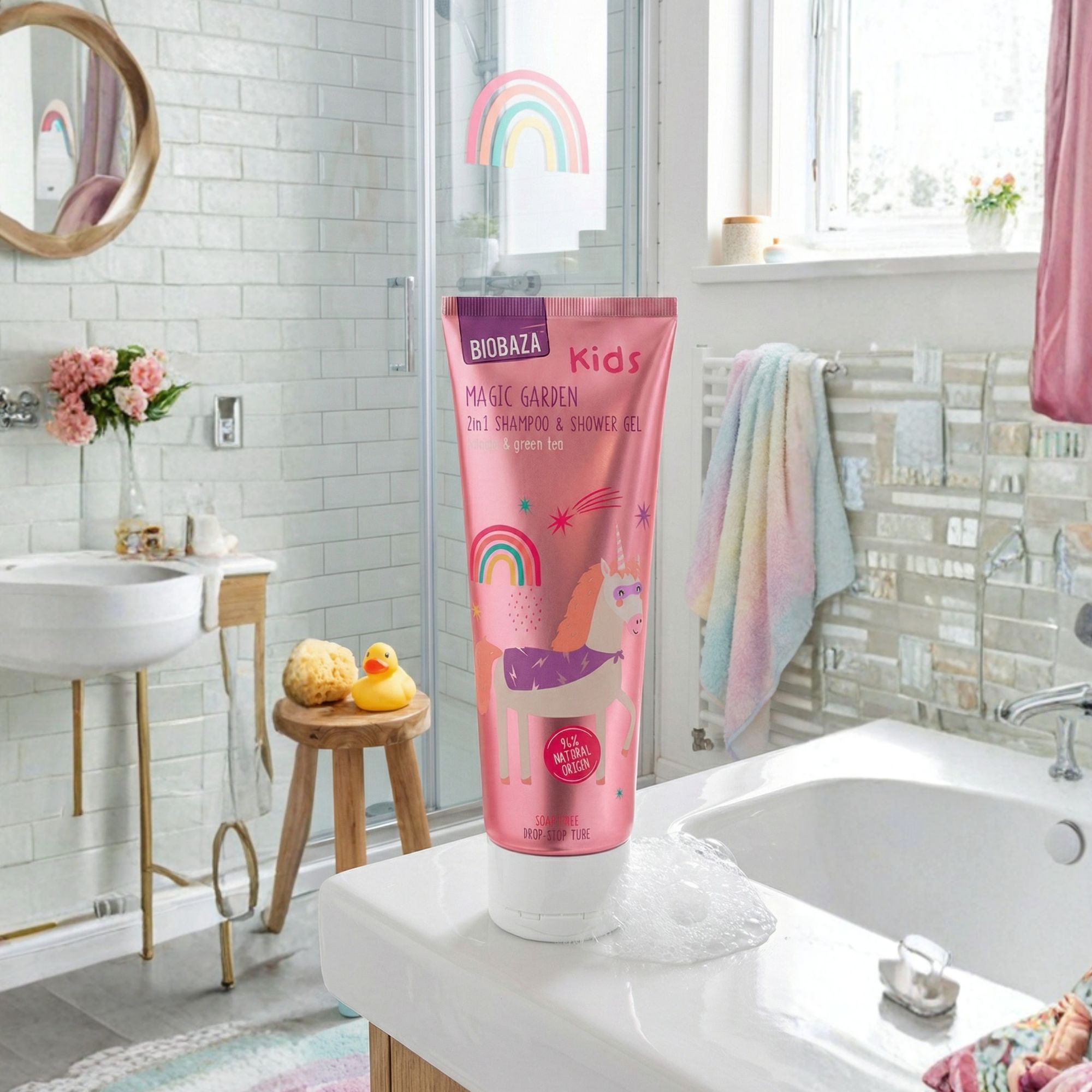 Rosa Tube mit Einhorn-Illustration. Text: Biobaza Kids Magic Garden 2in1 Shampoo & Shower Gel. Steht auf Badewannenrand.