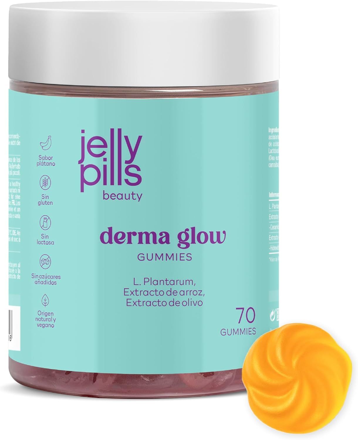Zylinderförmige Dose mit "Jelly Pills Derma Glow Gummies". Aufschrift: 70 Gummies. Eine Gummibärchen daneben.