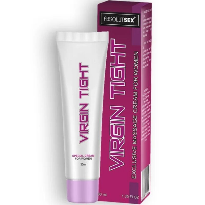 Tube und Verpackung. Aufschrift: VIRGIN TIGHT, ABSOLUT SEX. Creme für Frauen. 30ml.