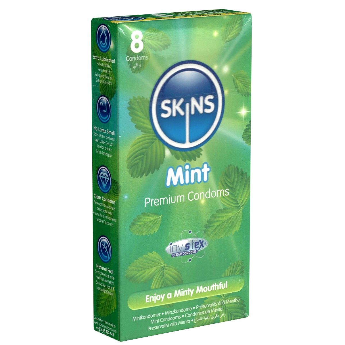Verpackung mit 8 Kondomen. Aufschrift SKINS Mint, Premium Condoms. Grün mit Minzblättern. Text: Enjoy a Minty Mouthful.