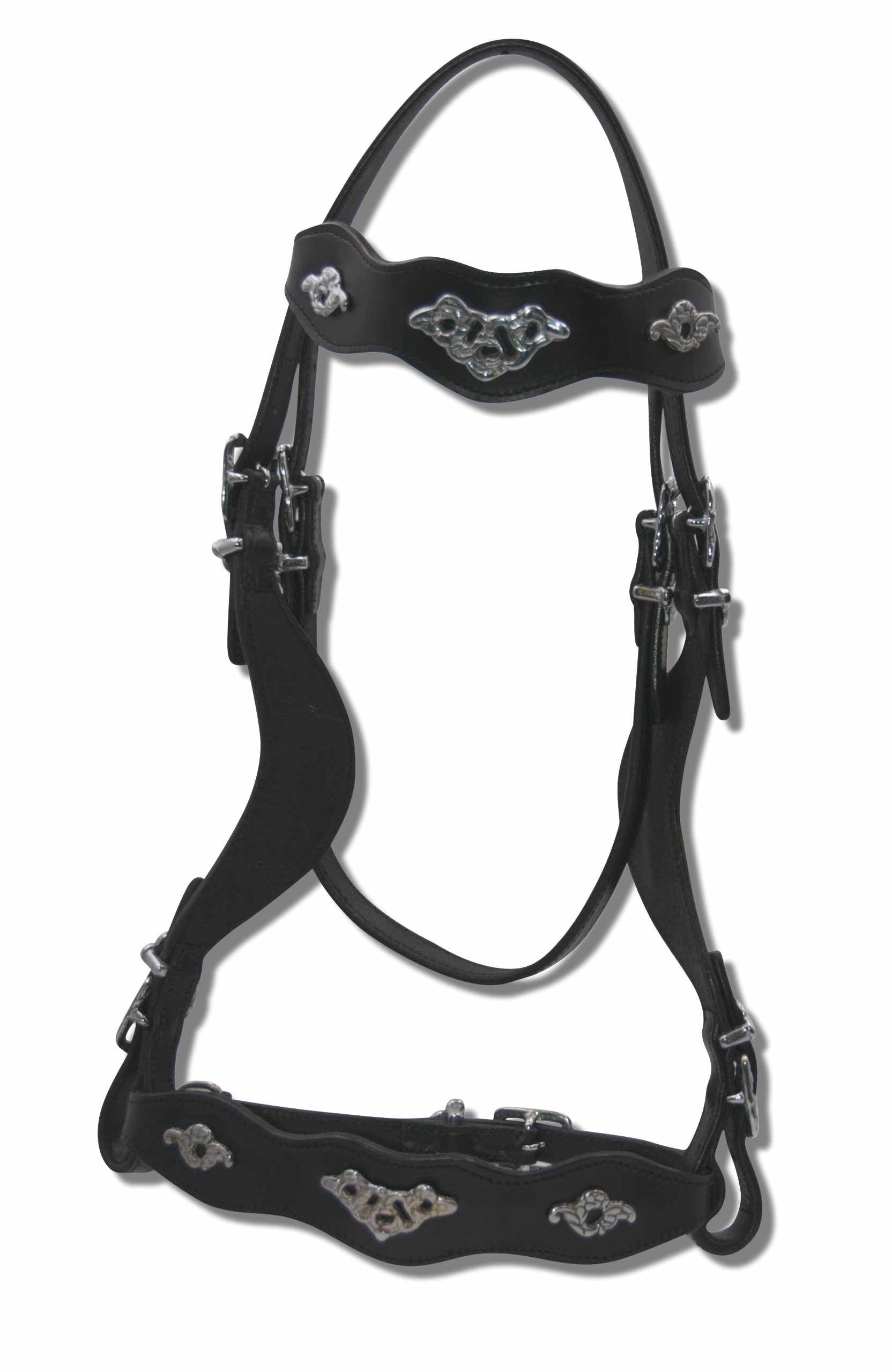 Schwarze Trense mit silberfarbenen Verzierungen und Schnallen. Lederriemen und gepolsterte Bereiche.