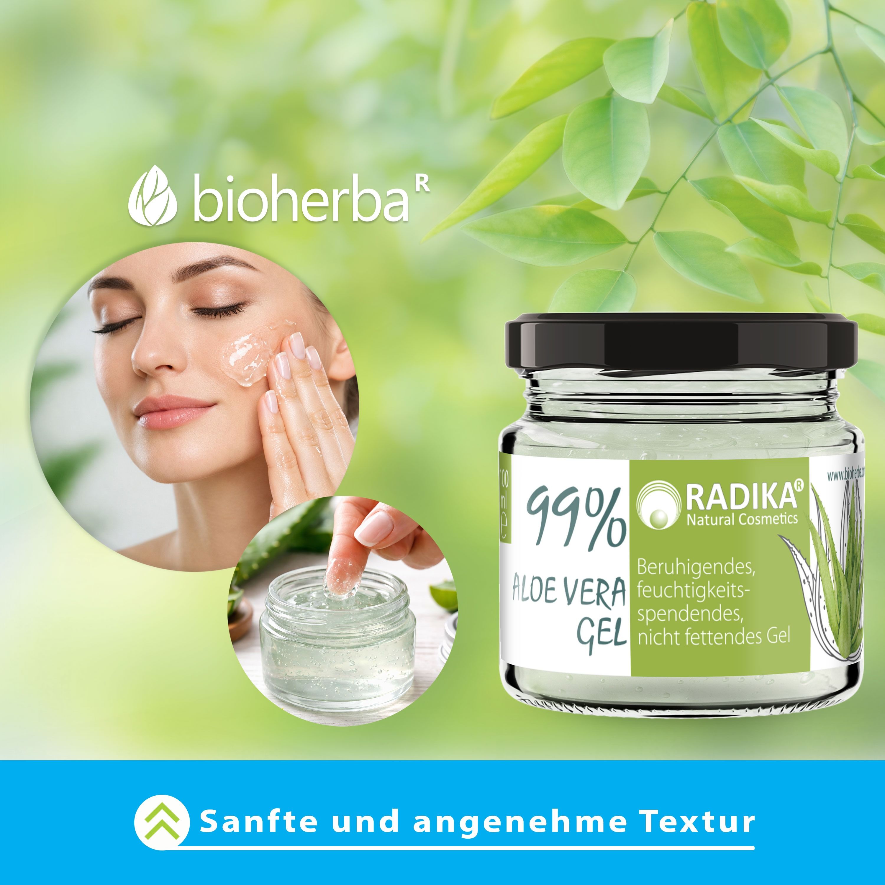 Glas mit Aloe Vera Gel und Deckel. Etikett: 99% Aloe Vera Gel, Radika. Schwarzer Deckel.
