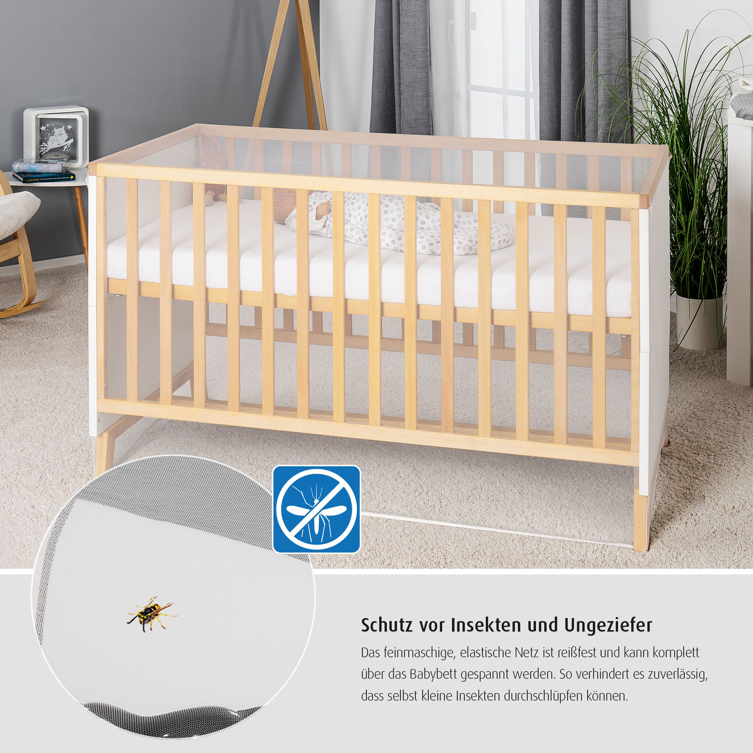 Babybett mit weißem Netz. Insekten-Symbol. Text: Schutz vor Insekten und Ungeziefer. Baby schläft im Bett.