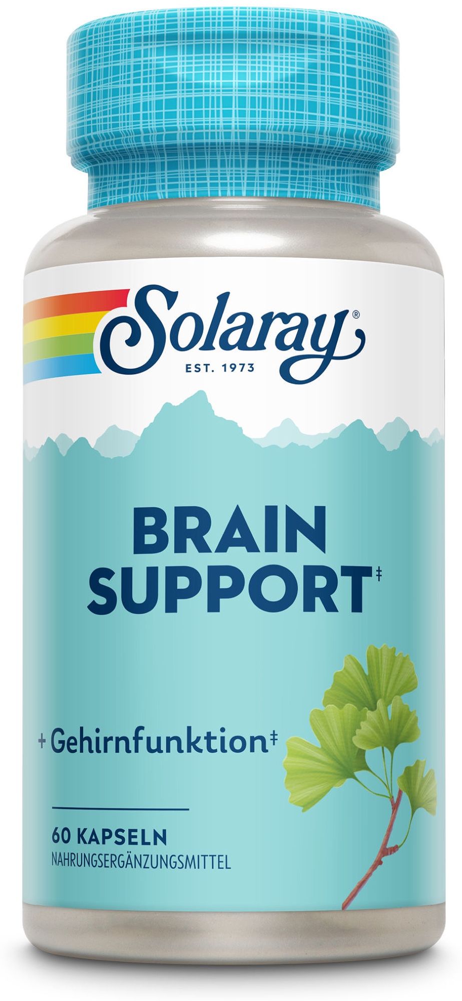 Solaray Brain Support Kapseldose mit 60 Kapseln und Ginkoblatt-Motiv.