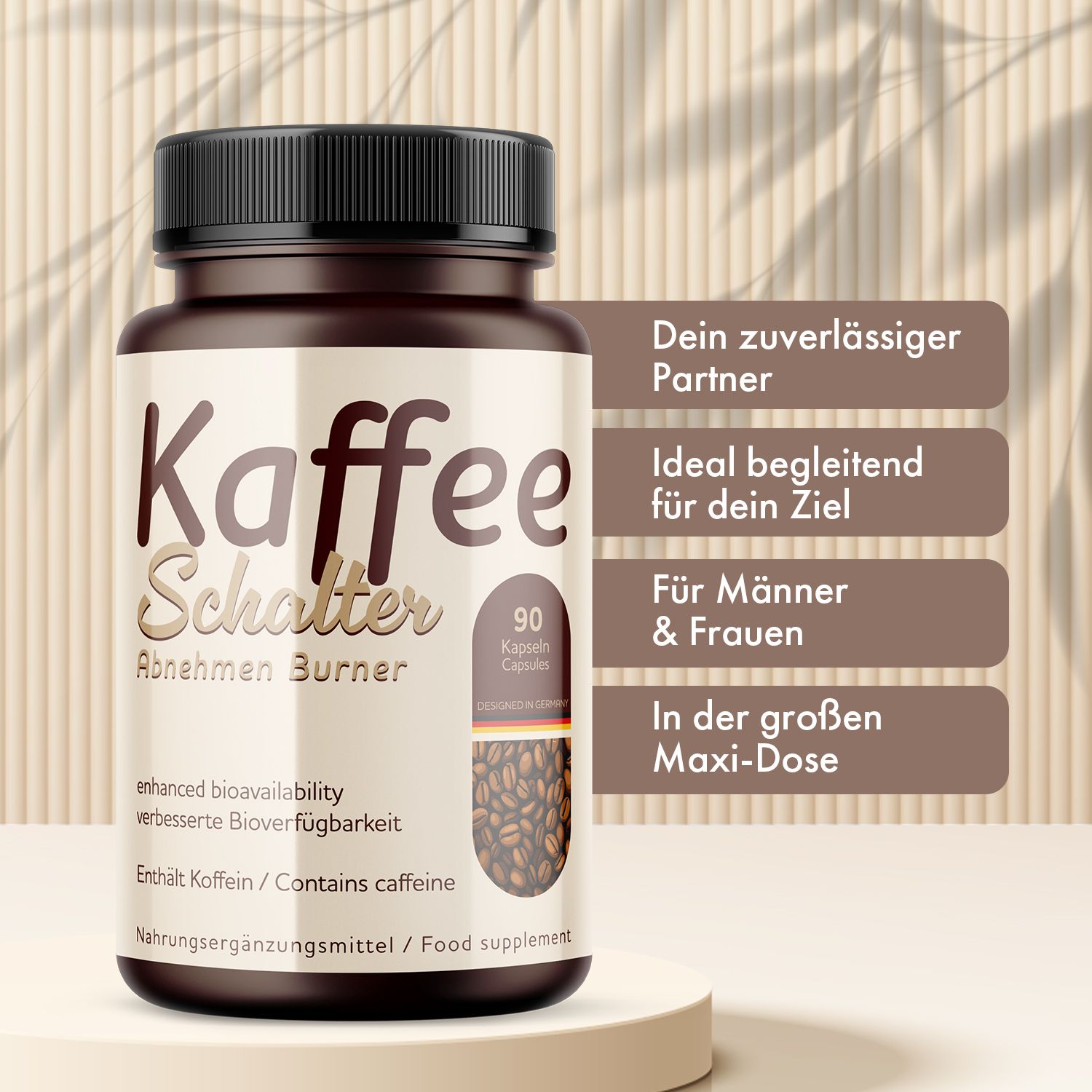 Braune Flasche mit schwarzen Deckel. Aufschrift Kaffee Schalter Abnehmen Burner. 90 Kapseln. Nahrungsergänzungsmittel. Text auf braunen Blöcken.