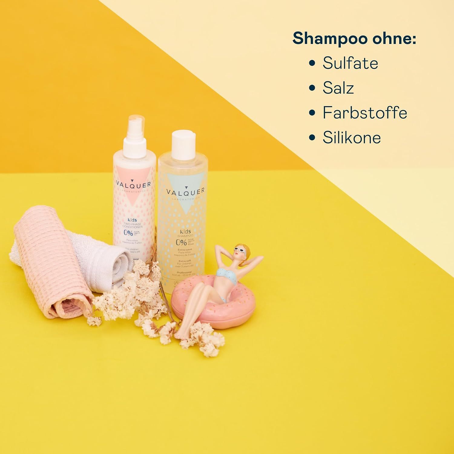 Valquer Laboratories Kinder Leave-in Conditioner Sprühflasche und Flasche.