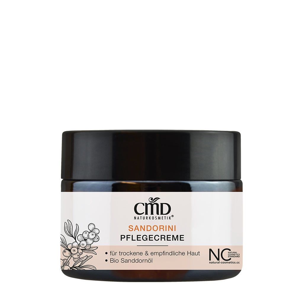 Creme-Tiegel mit schwarzem Deckel. Aufschrift: CMD Naturkosmetik Sandorini Pflegecreme. Mit Bio-Sanddornöl. NC-Zertifizierung.