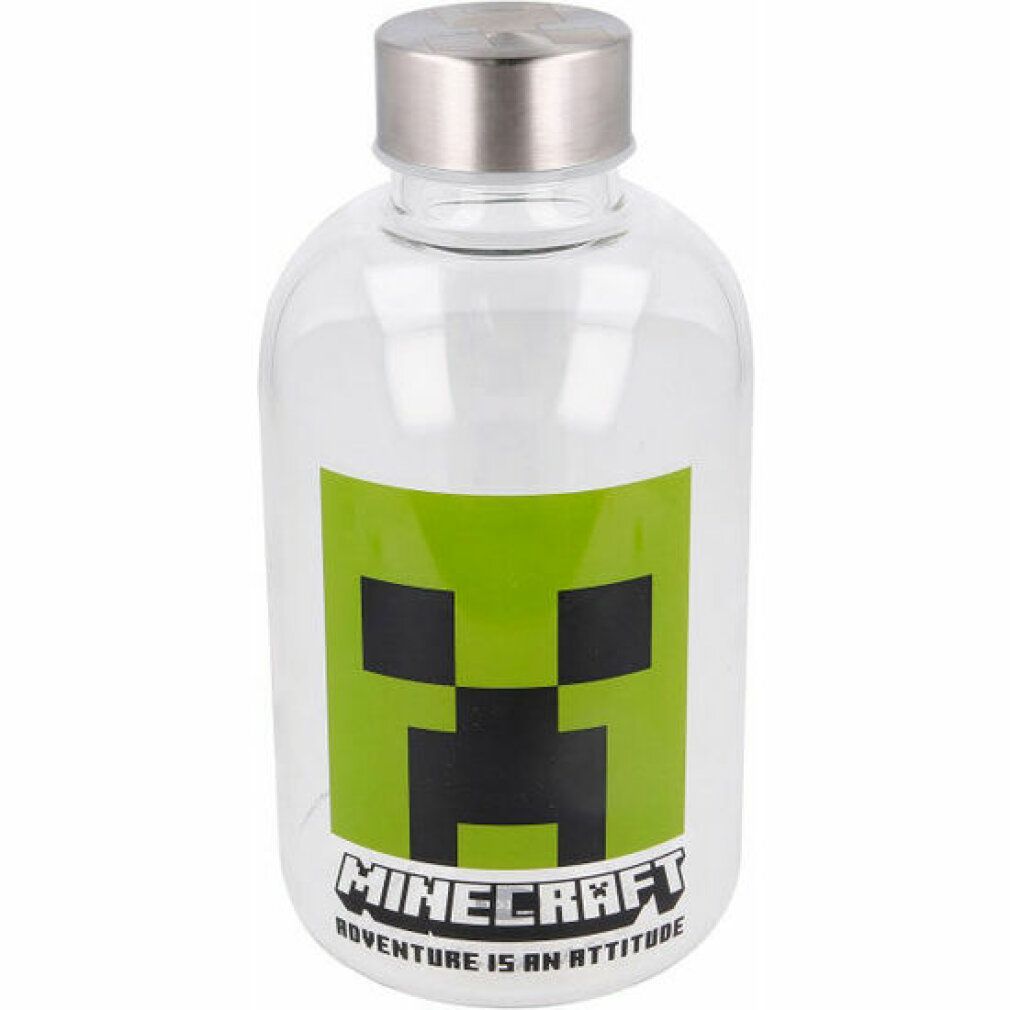 Transparente Glasflasche mit silbernem Deckel. Aufdruck: grünes Minecraft-Gesicht und Schriftzug.