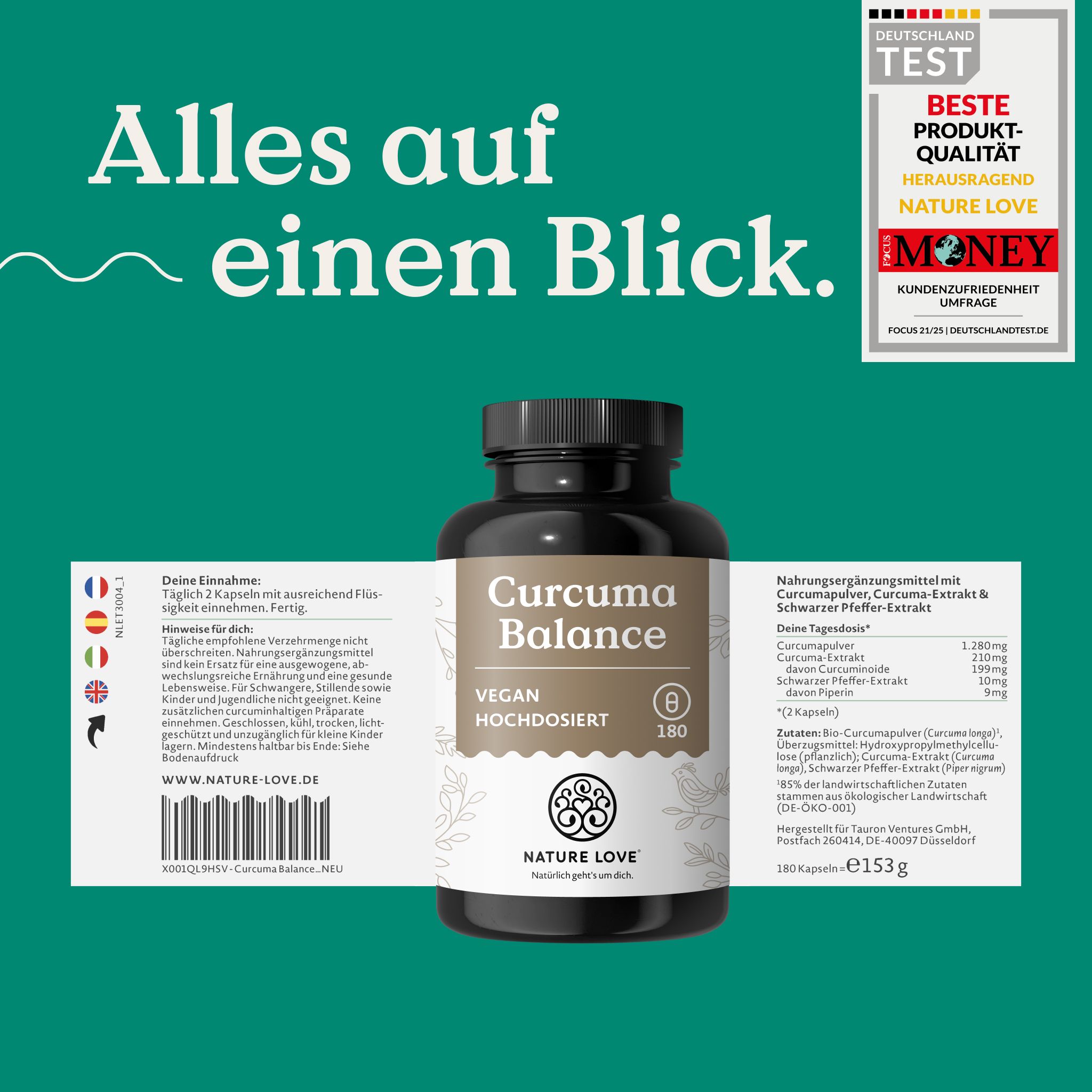 Flasche Curcuma Balance mit Etikett. Siegel: Deutschland Test, Beste Produkt-Qualität.