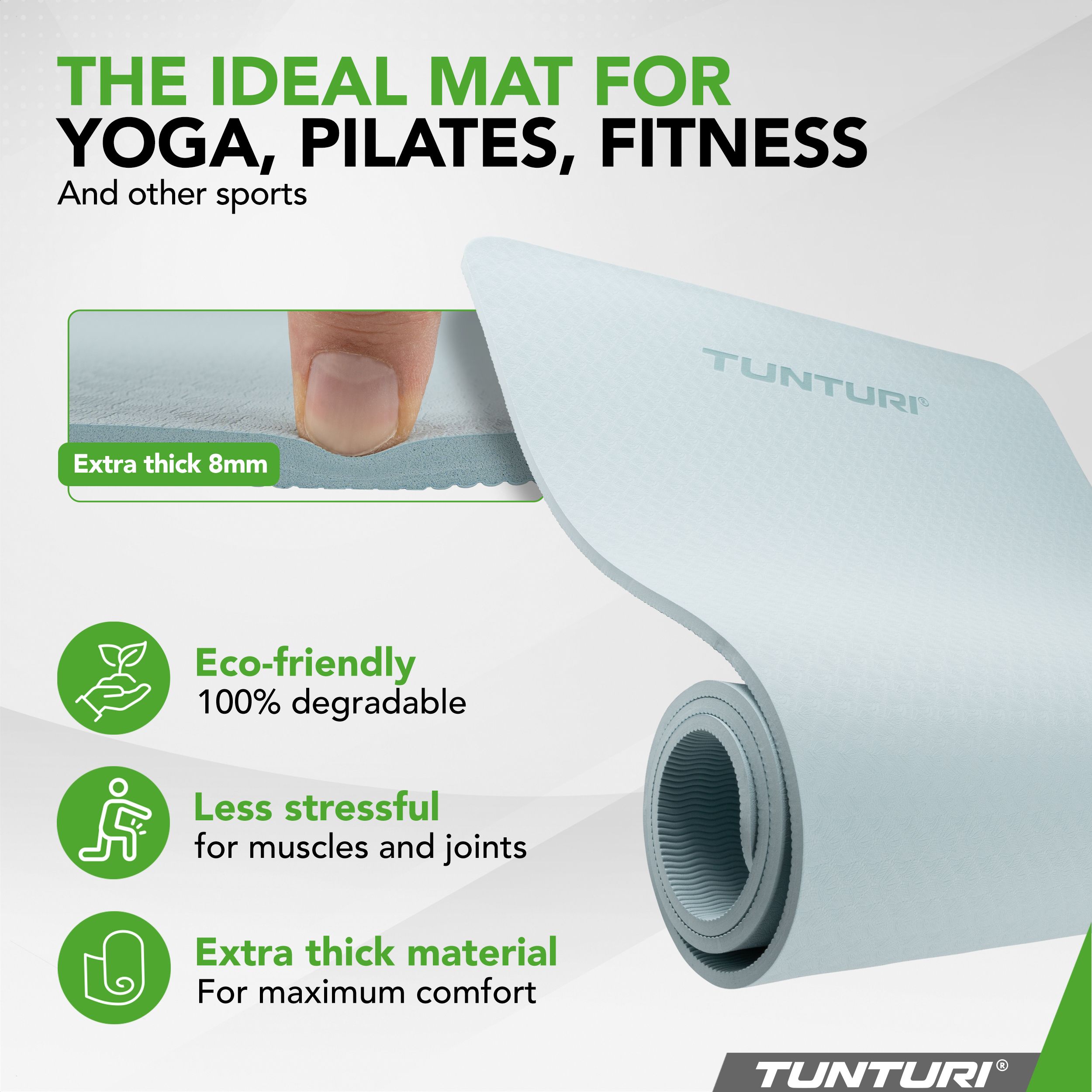 Hellblaue Tunturi Yogamatte, 8mm dick. Umweltfreundlich, biologisch abbaubar, gelenkschonend.