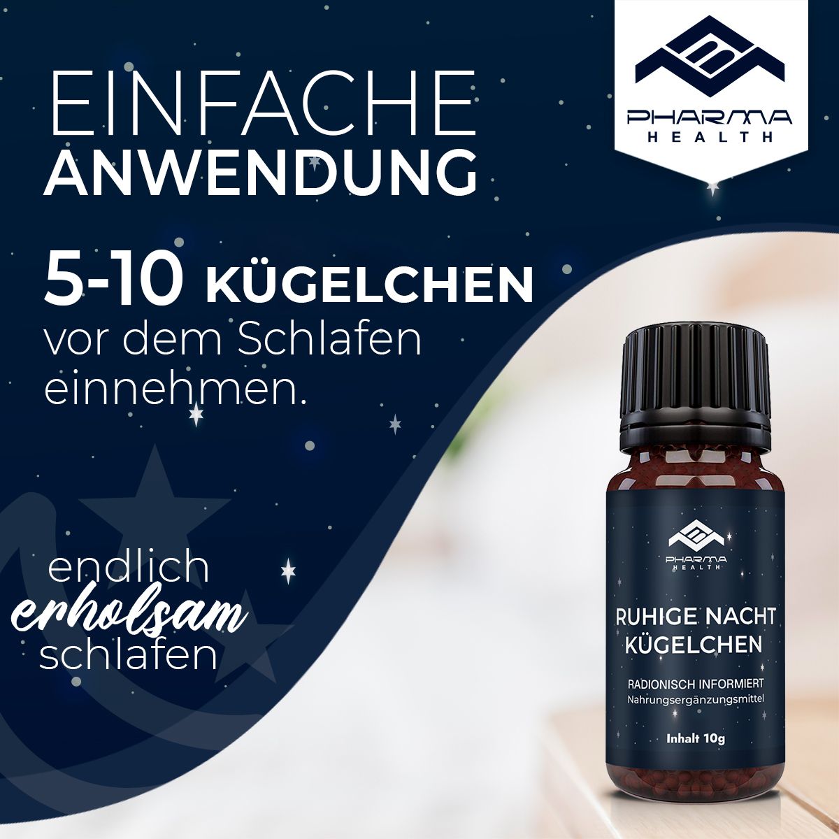 Produktflasche mit Text. Aufschrift: Ruhige Nacht Kügelchen. Text: Einfache Anwendung: 5-10 Kügelchen vor dem Schlafengehen einnehmen.