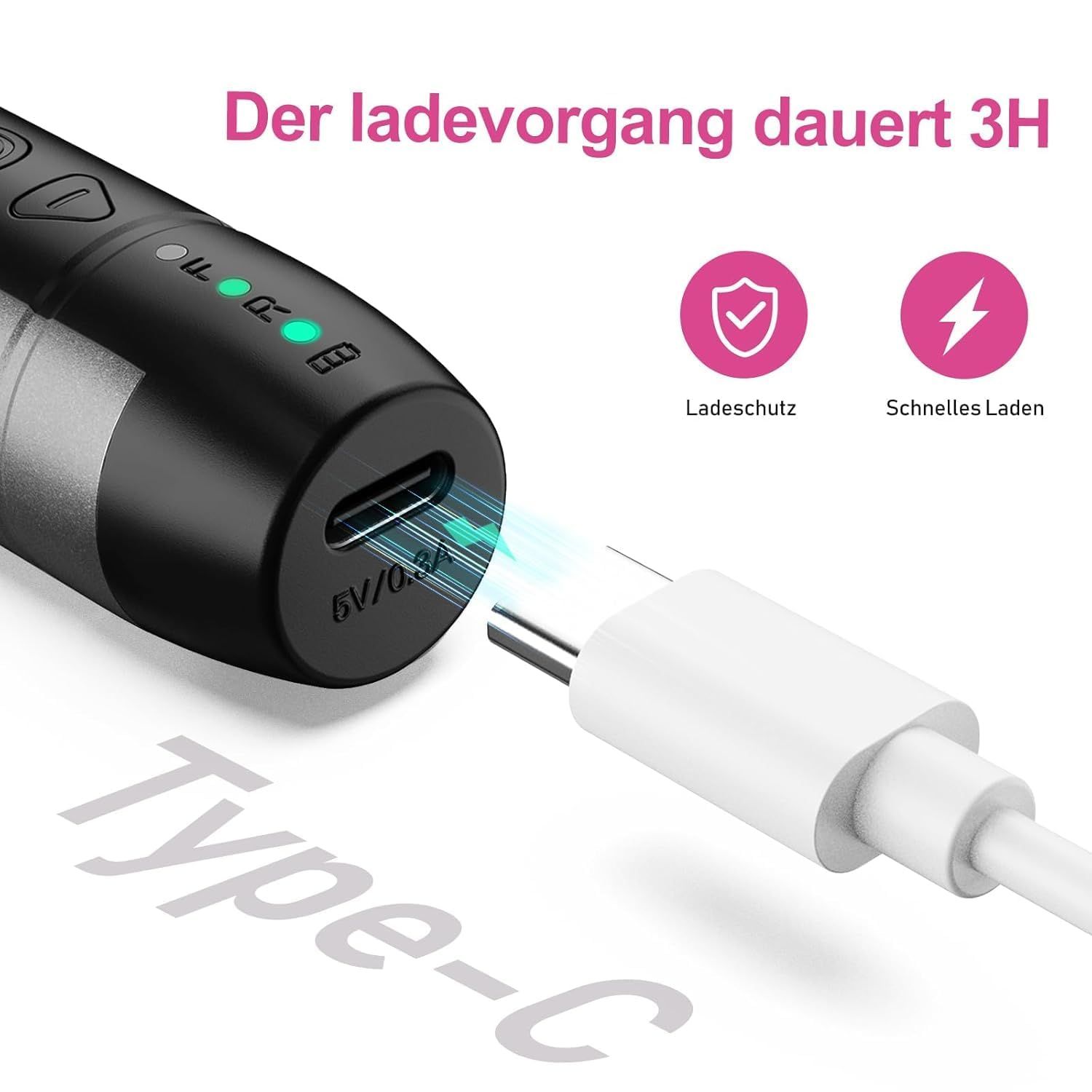 Maniküre-Gerät mit Ladekabel. USB-C-Anschluss. Ladeanzeige.