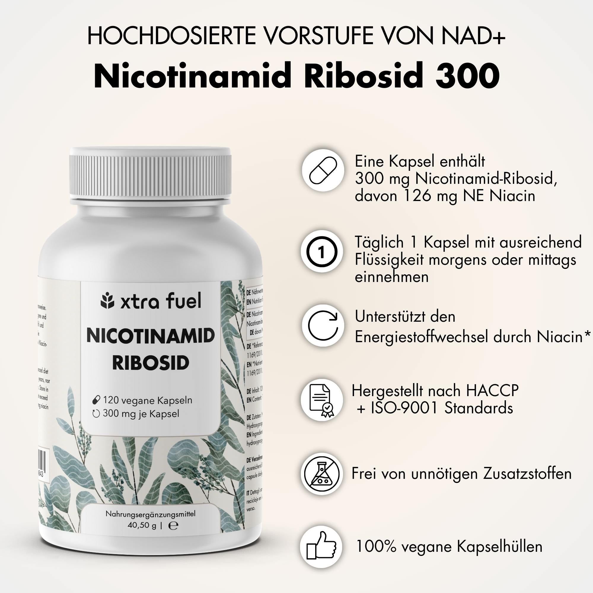 Weiße Flasche mit Kapseln. Aufschrift: Nicotinamid Ribosid, 120 vegane Kapseln, 300mg je Kapsel. Text und Symbole.
